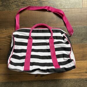 Victoria’s Secret Black White Stripe Weekender Bag Pink Handles Shoulder Strap
